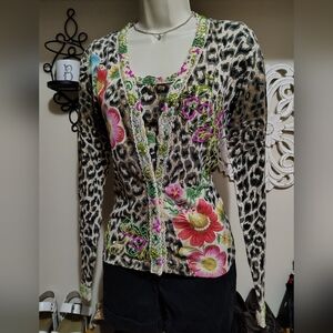 Charlotte Tarantola Silk Blend Beaded Cheetah Print Cardigan